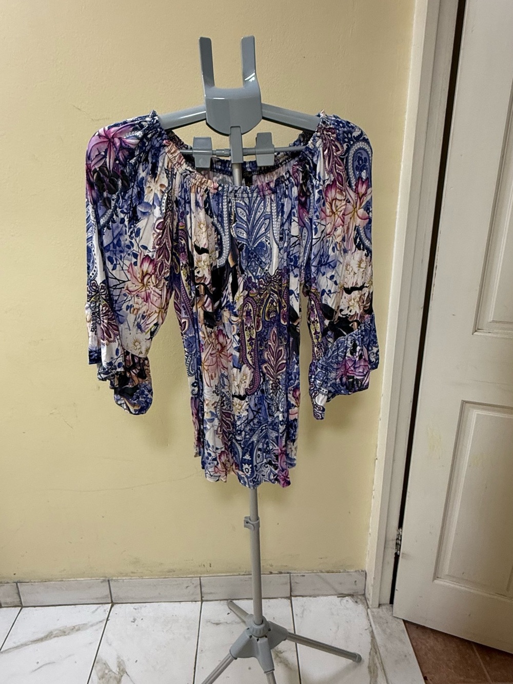 Floral Off-Shoulder Peasant Top in Blue and Purple